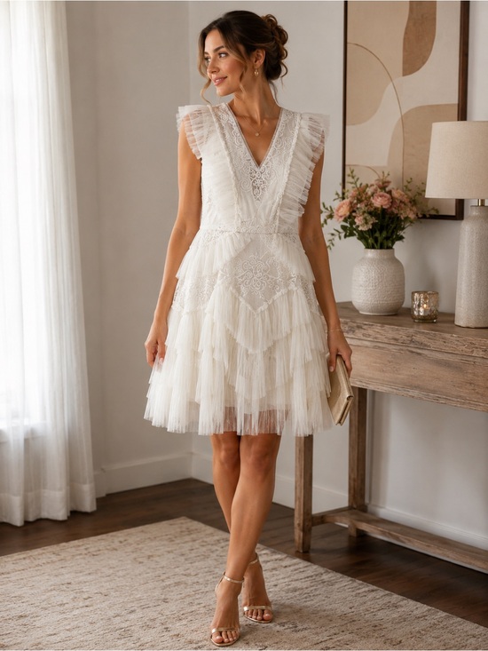 BCBGMaxAzria Dresses & Skirts - BCBGMaxAzria white Ruffled V‑Neck Lace Cocktail Dress